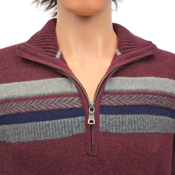 BANANA REPUBLIC Quarter 1/4 Zip Sweater Wool Italian Yarn Men L Burgundy Striped - Picture 3 of 13